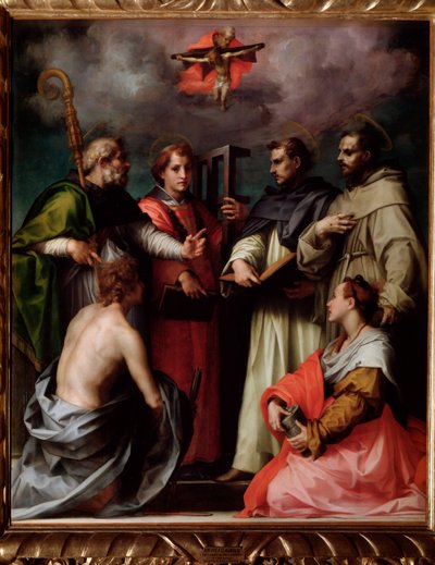 Disputasen om den hellige treenighet, med St. Peter, St. Laurentius, St. Augustin av Hippo, St. Frans, St. Sebastian, St. Maria Magdalena (maleri, ca. 1517) av Andrea del Sarto