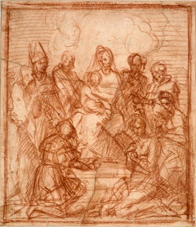 "Madonna and Child on the Throne with Eight Saints" (Enthroned Madonna with Child and eight saints (Composition study)) Sanguinetegning av Andrea del Sarto (1486-1531) 1528 Sanguine på papir Dim 15,6x13,5 cm Staatliche Museen, Berlin av Andrea del Sarto