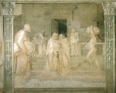 Jomfrubesøk til Elizabeth, detalj fra Stories of Virgin av Andrea del Sarto (1486-1530), freskomaleri i monokrom, Cloister of Scalzo, Firenze av Andrea del Sarto