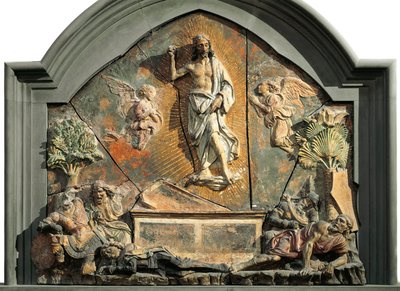 Kristi oppstandelse (Den sovende soldaten er representert som Laurent de Medici (Lorenzo den storslåtte) Polykrom terrakotta-relieff av Andrea del Verrocchio (1437-1488) Museo Nazionale del Bargello Firenze fra 1400-tallet av Andrea del Verrocchio