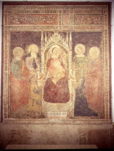 Madonna og barn med SS. Elia, døperen Johannes, Nicolas og Leonard (fresko) av Andrea di Bonaiuto (fl.1343 77)