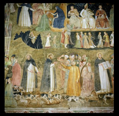 St. Dominic sender Herrens hunder frem, med St. Peter Martyr og St. Thomas Aquinas, ca. 1369 av Andrea di Bonaiuto