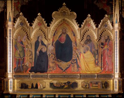 Maesta som representerer Jesus på tronen med den hellige Mikael, Maria og den hellige Thomas av Aquinas, døperen Johannes, den hellige Peter, den hellige Laurentius og Paulus - olje på panel av Andrea di Cione Orcagna