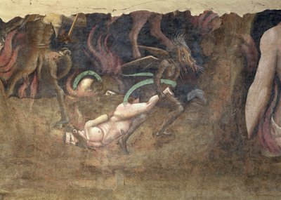Dødens triumf, detalj av en djevel som bærer bort en synder inn i helvete, freske fra 1348 av Andrea di Cione Orcagna