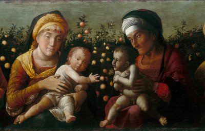 Den hellige familie med de hellige Elisabeth, John og Zachary, detalj av Andrea school of Mantegna