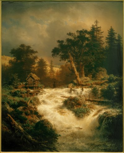 A.Achenbach, nordisk foss med regnbue av Andreas Achenbach