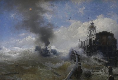 En slepebåt forlater havnen i Oostende ved høyvann. 1878 av Andreas Achenbach