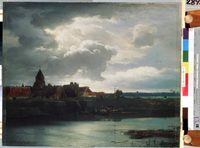 ""Village Landscape On A River"" (Landskap med en elv) Maleri av Andreas Achenbach (1815-1910) 1866 Saint Petersburg, Eremitagemuseet av Andreas Achenbach