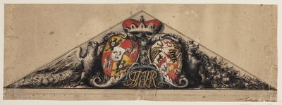 Heraldisk utkast innebygd i et trekantet pediment av Andreas Bodan II