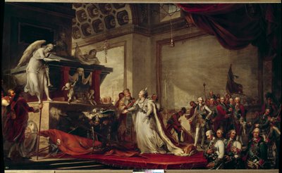Impress Catherine II av Russland (1729-1796) plasserer trofeene tatt fra tyrkerne foran graven til Peter den store maleriet fra 1791 av Andreas Caspar Hune (Huene) (1758-1813) - Pushkin (by) - (Catherine Palace ?) av Andreas Caspar Hune