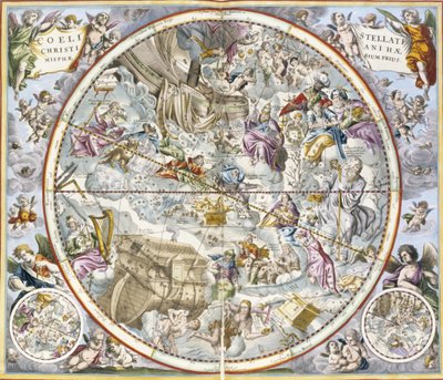 Kart over de kristne konstellasjonene som avbildet av Julius Schiller, fra The Celestial Atlas, eller The Harmony of the Universe atlas coelestis seu harmonia macrocosmica pub. av Joannes Janssonius, Amste av Andreas Cellarius