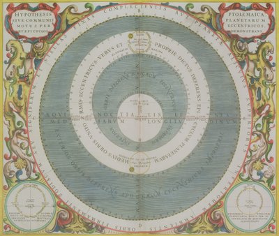 Ptolemaic System, fra "The Celestial Atlas, or The Harmony of the Universe" (Atlas coelestis seu harmonia macrocosmica) pub. av Joannes Janssonius, Amsterdam, 1660-61 (håndfarget gravering) av Andreas Cellarius