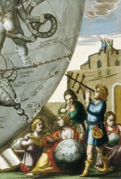 Forskere (astrologer og astronomer) som studerer jordkloder og himmelkartet, detalj fra Atlas Coelestis seu Harmonia Macrocosmica av Andreas Cellarius (1596-1665) av Andreas Cellarius