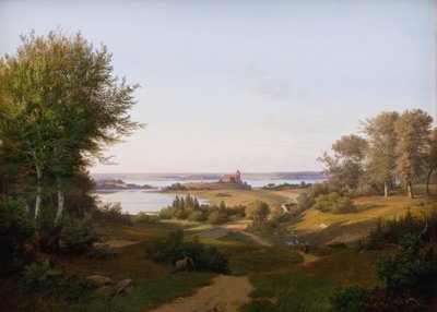 Utsikt over bakken ved Skanderborg slott, Jylland, og minnesmerket over frederik VI av Andreas Juuel