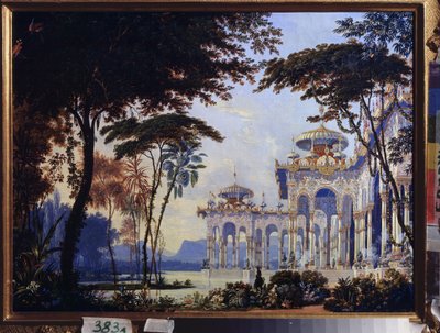 Palace - Forberedende dekor for operaen "Rouslan og Lyudmila" av Mikhail Glinka (1804-1857) - Scenografi for operaen Ruslan og Lyudmila av M Glinka - Verk av Andreas Leonhard Roller (1805-1891), akvarell og gouache på papir av Andreas Leonhard Roller
