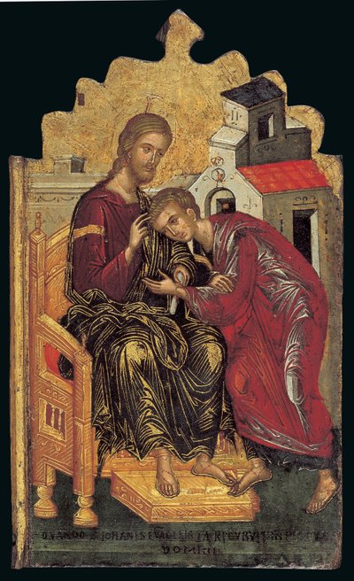 St John the Theologian aksepterer Kristi velsignelse (venstre panel av en triptyk) (eggtempera på panel) av Andreas Rico