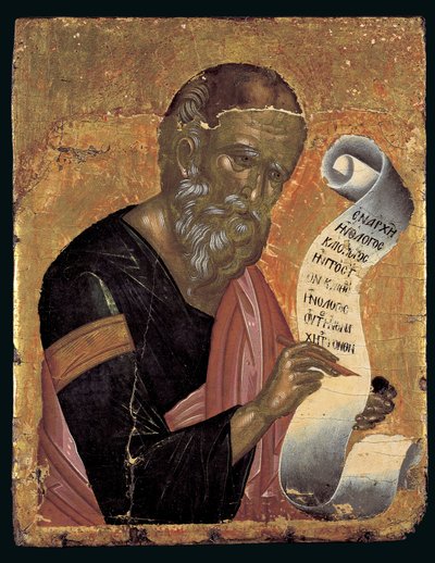 St. Johannes teologen, skriver sine åpenbaringer på en åpen rulle (eggtempera på panel) av Andreas Rico