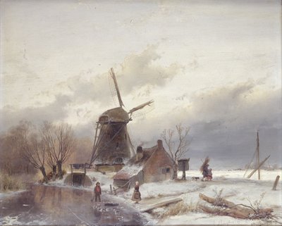 Et frossent elvelandskap med en vindmølle av Andreas Schelfhout
