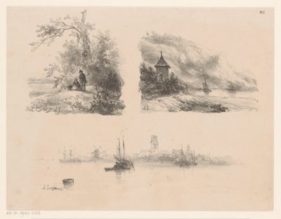 Figurer i en skog, en elv langs en fjellkyst og båter på vannet av Andreas Schelfhout