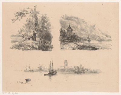 Figurer i en skog, en elv langs en fjellkyst og båter på vannet av Andreas Schelfhout