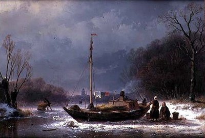 Bønder ved en båt på en frossen elv (olje på lerret) av Andreas Schelfhout