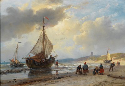 kjas og mas på stranden i Scheveningen av Andreas Schelfhout