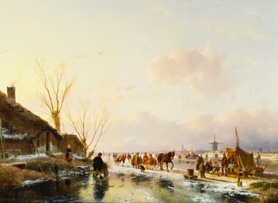 Skatere ved en messe på en frossen elv, 1850 av Andreas Schelfhout