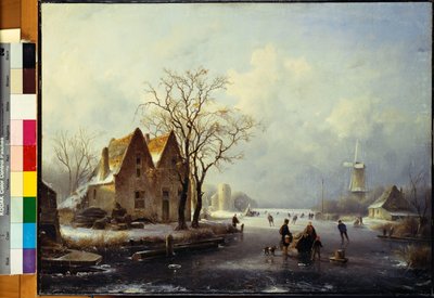 Skatere i et frossent vinterlandskap av Andreas Schelfhout