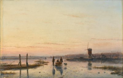 Vindmølle ved siden av en frossen elv av Andreas Schelfhout