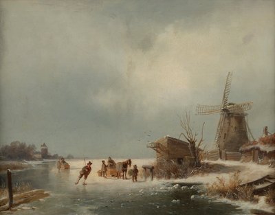 Vinterlandskap med skøyteløpere av Andreas Schelfhout