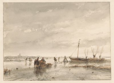 Vinterlandskap med frossen innsjø av Andreas Schelfhout
