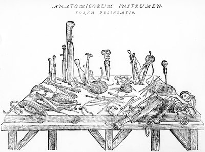 Instrumenter for disseksjoner, illustrasjon fra 'The Human Body' av Andreas Vesalius