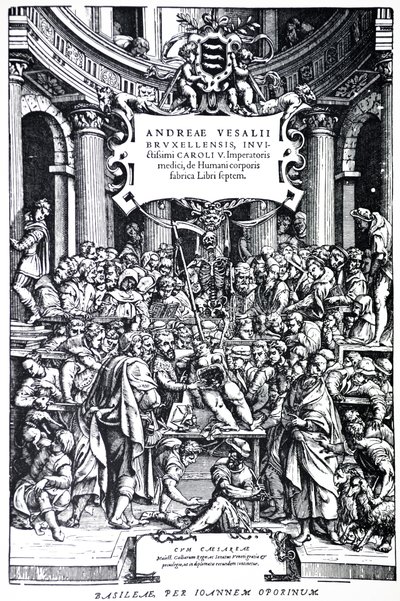 Tittelside til den andre utgaven av De Humani Corporis Fabrica, plate 3, 1555 av Andreas Vesalius