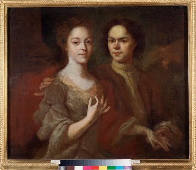 Selvportrett med sin kone (Self Portrait with the Wife) - Maleri av Andrei Matveyevich Matveyev (Matveiev) (1701-1739), olje på lerret, ca 1729 - Russisk kunst, 1700-tallsportrett - Statens russiske museum, St. Petersburg av Andrei Matveyev