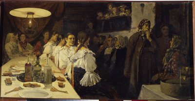 Venter på brudeparets retur fra en kirke i Novgorod-provinsen. Maleri av Andrei Petrovich Ryabushkin (Riabutchkin) (1861-1904), olje på lerret av Andrei Petrovich Ryabushkin
