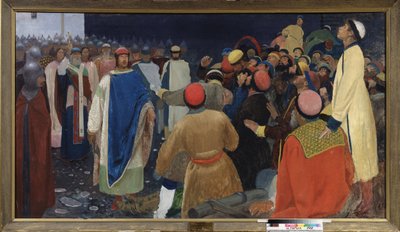Prins Gleb Sviatoslavitch (død 1079) dreper en volkhve (slavisk spådomsmagiker) ved en veche i Novgorod. Maleri av Andrei Petrovich Ryabushkin (Riabutchkin) (1861-1904), olje på lerret av Andrei Petrovich Ryabushkin