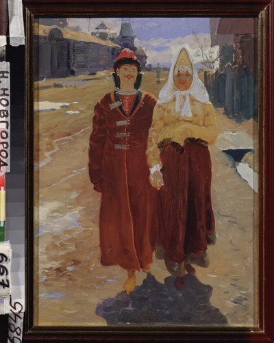 Besøksutflukt. (par elegante Boyarer (brett, boiarer) i tradisjonelle klær, går nedover gaten i en landsby med trehus.) Maleri av Andrei Petrovich Ryabushkin (Riaboutchkine) (1861-1904), olje på lerret av Andrei Petrovich Ryabushkin