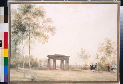 ""Gateway to the Park in Tsarskoye Selo"" av Andrei Yefimovich Martynov (1768-1826), Gouache på papir etter 1821, 38,5x51,5, State Tretyakov Gallery, Moskva av Andrei Yefimovich Martynov