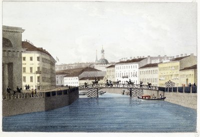 Le pont Bolshoi Koniushennyi i St. Petersburg. (Bolshoi Koniushennyi-broen i St. Petersburg). Lithographie et aquarelle av Andrei Yefimovich Martynov (1768–1826) av Andrei Yefimovich Martynov