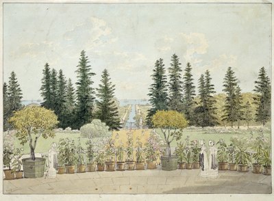 Utsikt fra terrassen til Oranienbaum-palasset i Lomonosov, St. Petersburg-byområdet (Utsikt fra terrassen til det store Oranienbaum-palasset). Verk av Andrei Yefimovich Martynov (1768-1826), akvarell på papir av Andrei Yefimovich Martynov