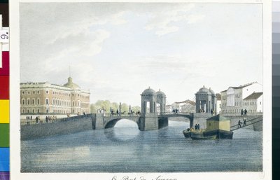 Utsikt over Simeon-broen i St. Petersburg. (Simeonbroen i St. Petersburg). Litografi og akvarell av Andrei Yefimovich Martynov (1768-1826) av Andrei Yefimovich Martynov