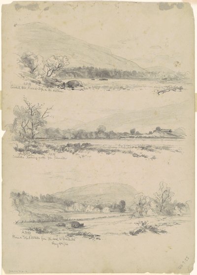 Catskill Mountains, Round-Top i det fjerne; Catskills ser nordover fra Palenville; og Round Top, Catskills, fra veien til Bracketts [verso] av Andrew Fisher Bunner