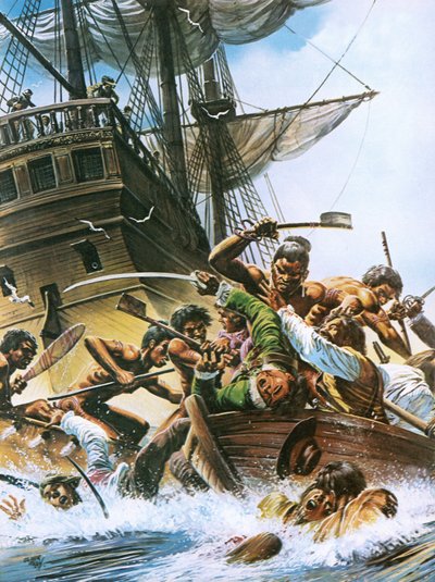 Abel Tasmans skip blir angrepet av maorier da det prøver å lande på New Zealand. av Andrew Howat