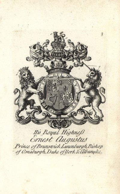 Våpenskjold og våpenskjold til HKH Ernest Augustus, prins av Brunswick Luneburg, biskop av Osnaburgh, hertug av York og Albany av Andrew Johnston