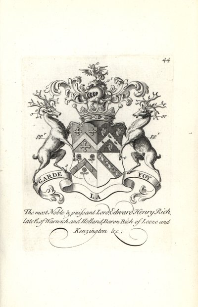Våpenskjold og våpenskjold til Lord Edward Henry Rich, 7. jarl av Warwick og Holland, baron RIch av Leeze og Kensington av Andrew Johnston