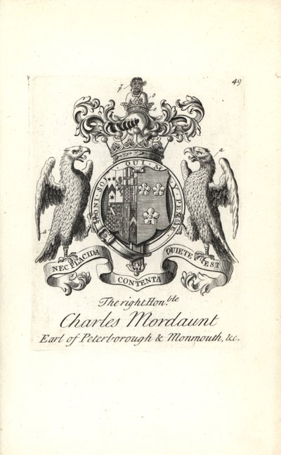 Våpenskjold og våpenskjold til høyre ærede Charles Mordaunt, 3. jarl av Peterborough og 1. jarl av Monmouth av Andrew Johnston