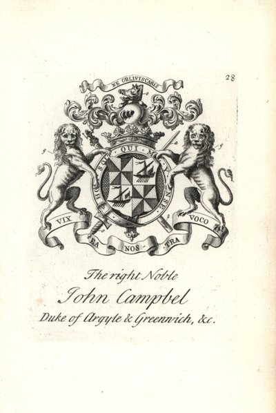 Våpenskjold og våpenskjold av den høyre adelige John Campbell, 2. hertug av Argyll og Greenwich, av Andrew Johnston