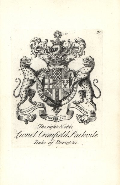 Våpenskjold og emblem av den høyre adelige Lionel Cranfield Sackville, hertugen av Dorset av Andrew Johnston