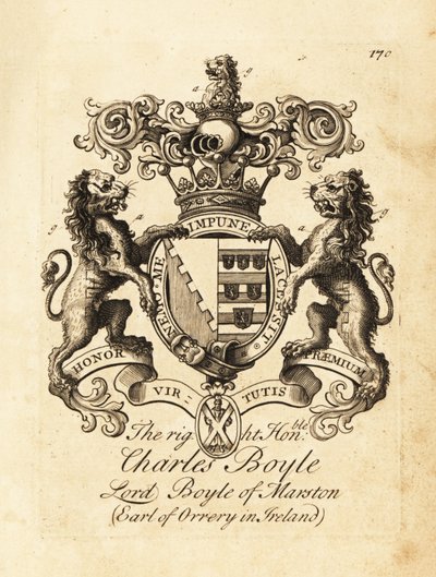 Våpenskjold til høyre ærede Charles Boyle, Lord Boyle av Marston, 4. jarl av Orrery i Irland av Andrew Johnston