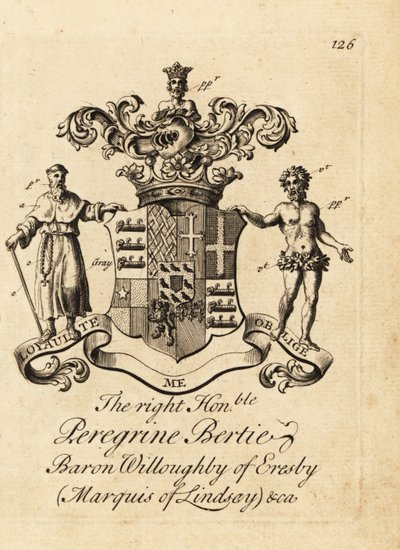 Våpenskjold til Høyre ærede Peregrine Bertie, Baron Willoughby av Eresby, Marquis of Lindsay, 2nd Duke of Ancaster og Kesteven av Andrew Johnston